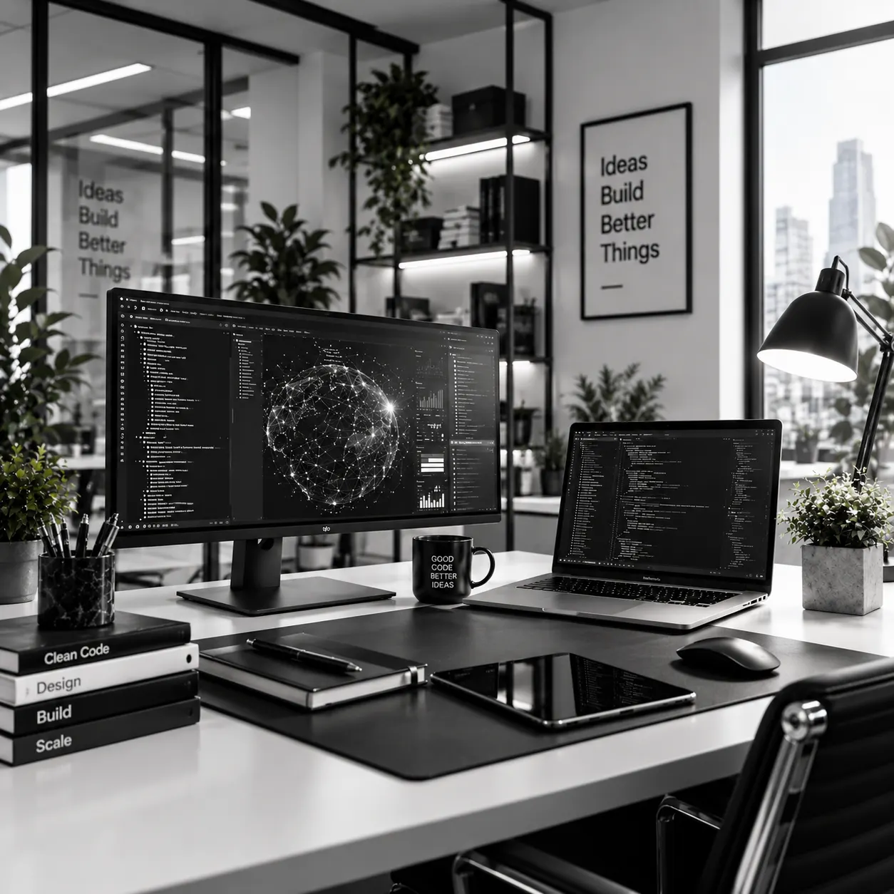 A developer desk with a monitor and a laptop showing code, next to books titled Clean Code, Design, Build and Scale.