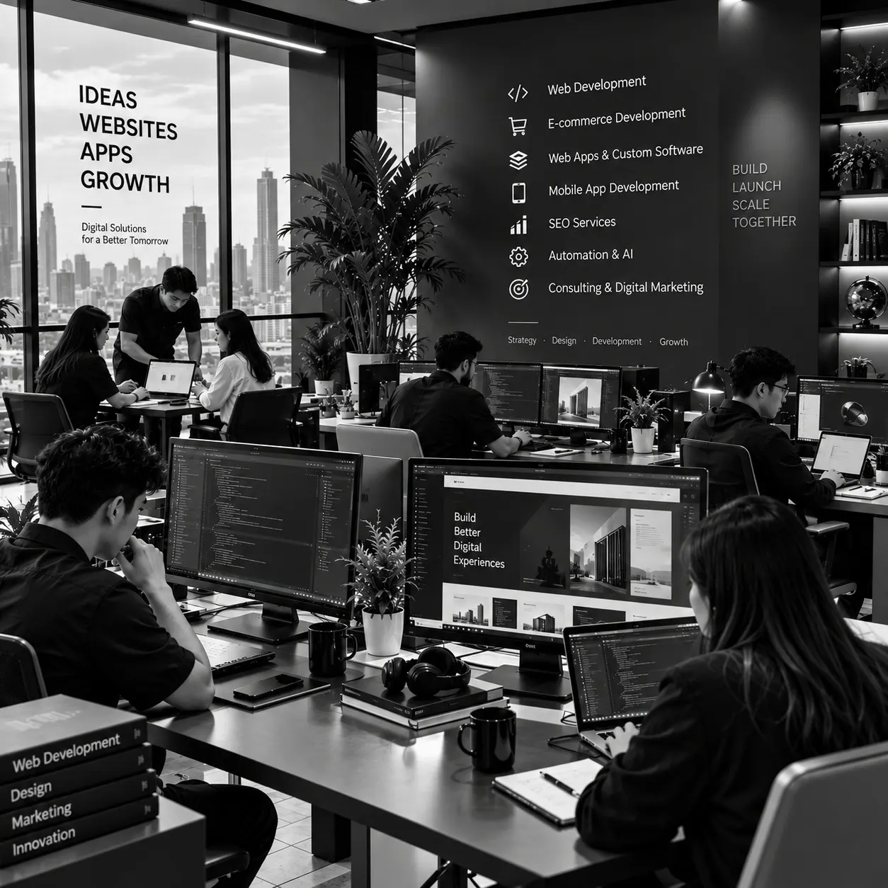 Developers at their workstations in a modern black-and-white office, in front of a wall listing web development, e-commerce, web apps, mobile apps, SEO, automation and AI, and consulting services.